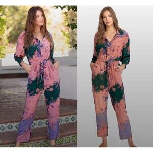 Johnny Was Jade 100% Silk Jumpsuit Floral Size XL Multicolor Tie Dye 100% Silk